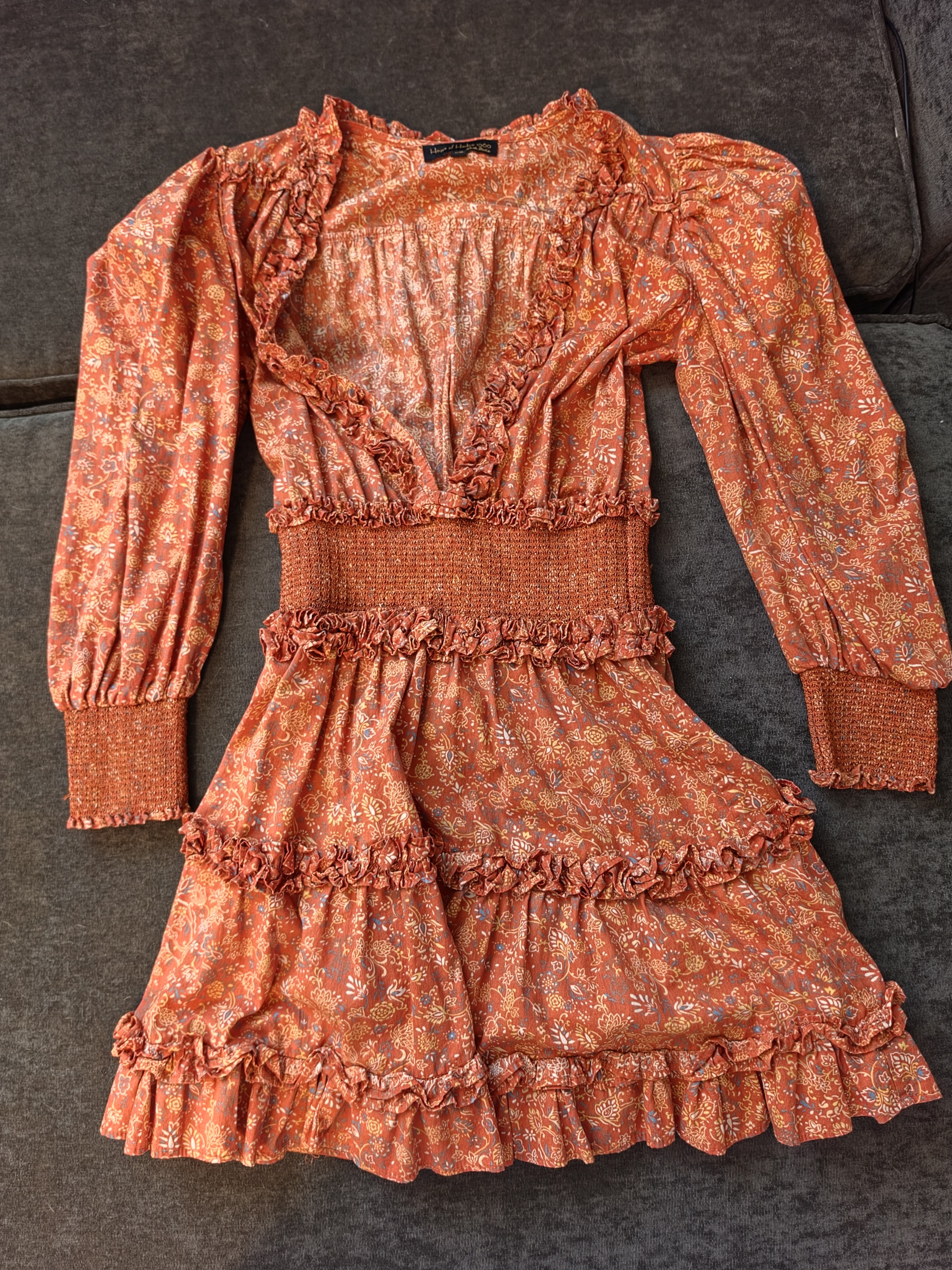 House Of Harlow 1960 Rust Floral Long Sleeve Ruffle Mini Dress